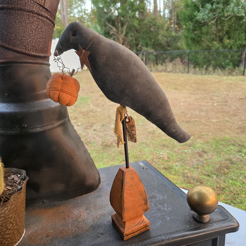 VTG Primitive‎ Black Crow StandHanging Pumpkin Farmhouse Halloween Decor Star